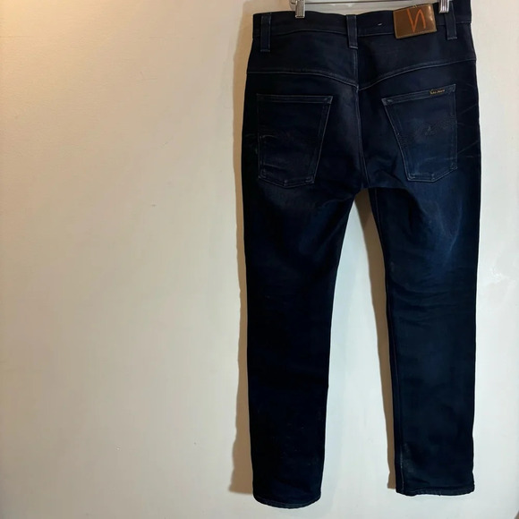 NUDIE Sz 33 x 34 Jeans Thin Finn Dark Shine Slim Dark Wash Wiskering Denim - Picture 10 of 13